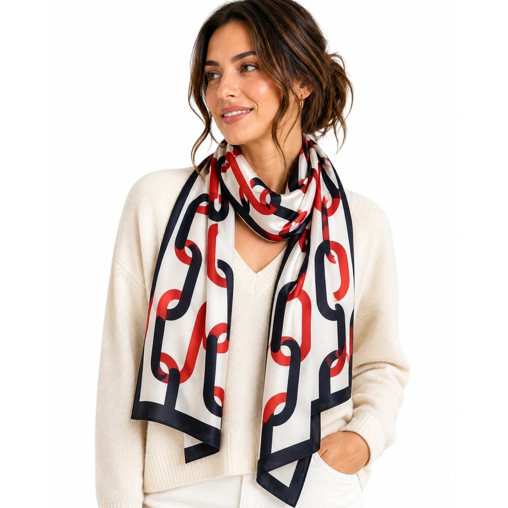 Red Navy Chain Print Long Scarf Rectangular Silky Wrap Graphic Link Pattern